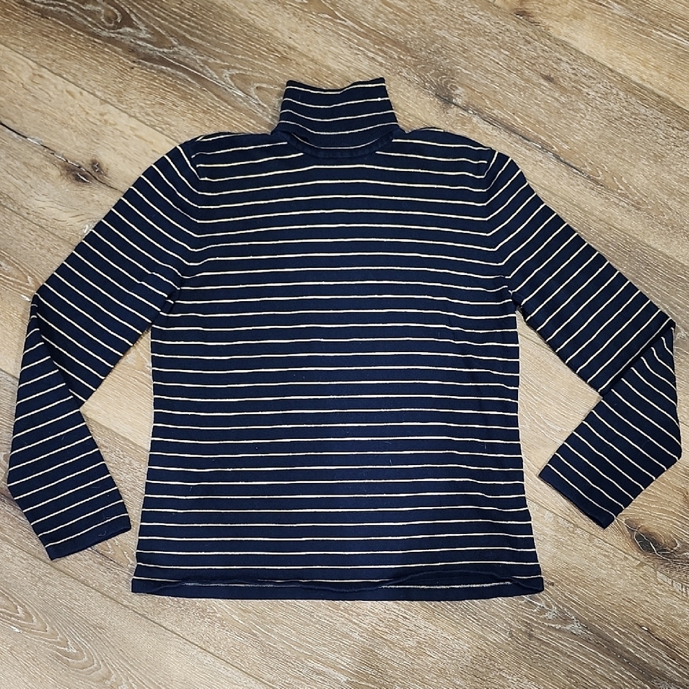 Lauren Ralph Lauren Metallic Gold Striped Navy Long Sleeve Turtleneck Sweater Lg